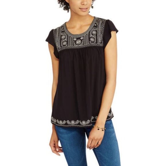 Faded Glory Women's Embroidered Black Blouse Short Sleeve Shirt L Large - Picture 3 of 7